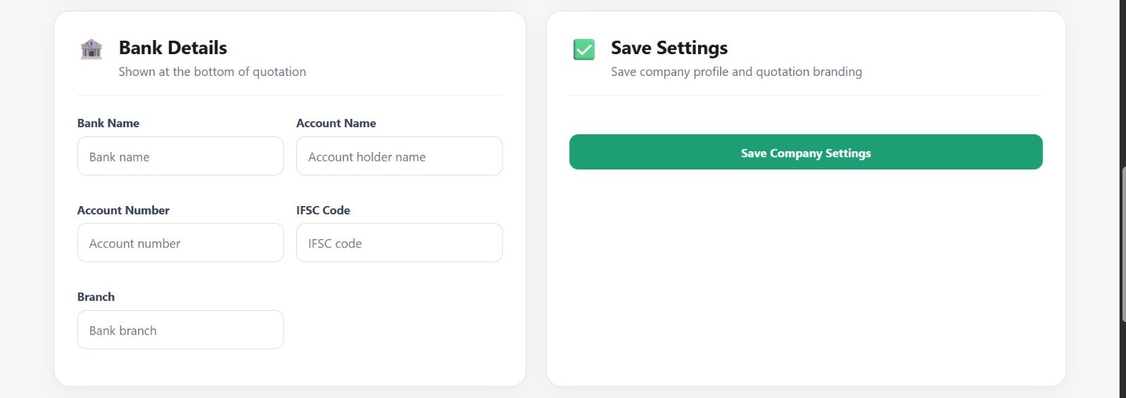 ShivFlow CRM Bank & Company Settings screen