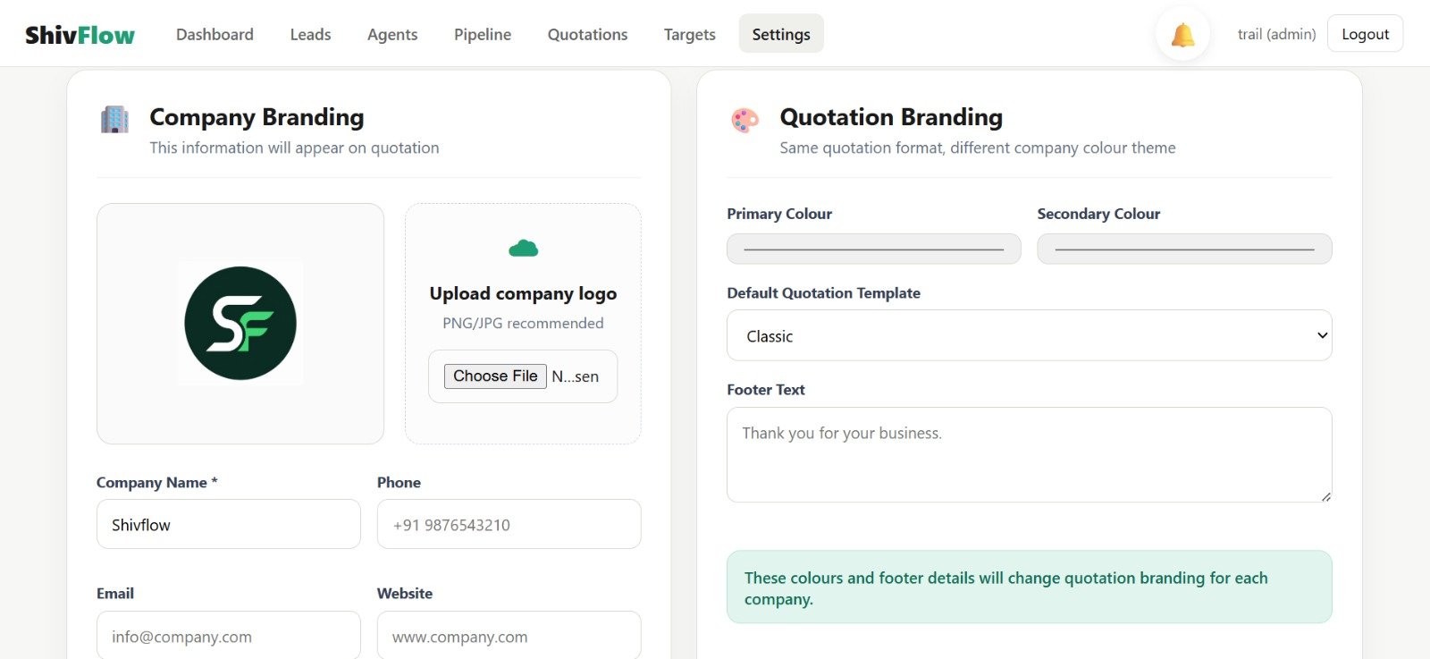 ShivFlow CRM Company Branding screen