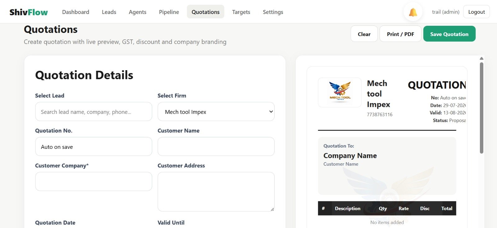 ShivFlow CRM Quotation Builder screen