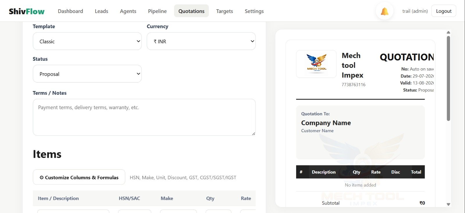 ShivFlow CRM Live Quotation Preview screen